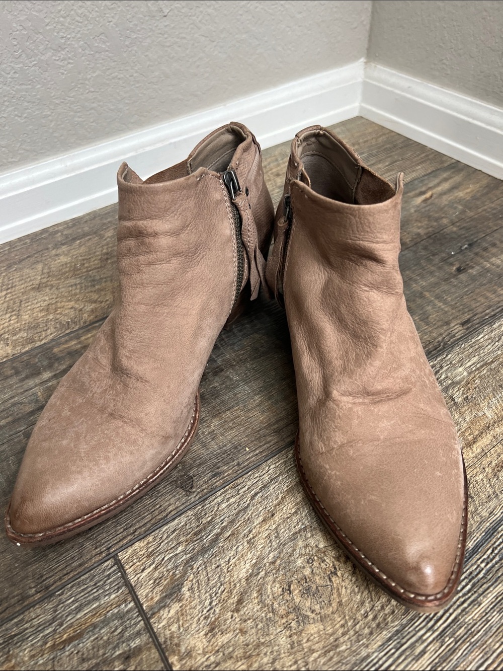 Dolce Vita Taupe Pointed-Toe Leather Ankle Boots